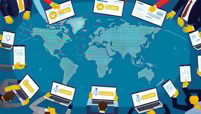 Illustration of global organizations working together to prevent online scams